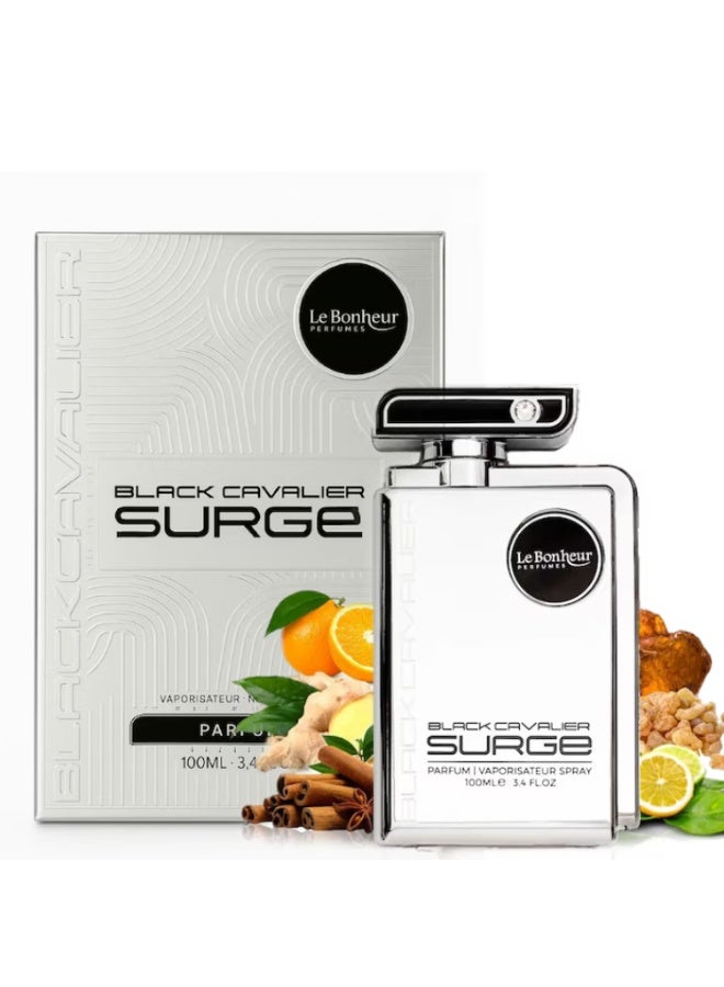 Le Bonheur Perfumes, Black Cavalier Surge, Eau De Parfum, 100ml, Luxury Perfume, Long Lasting Fragrance, Woody Perfume, Spicy Perfume, Amber Perfume, Unisex Perfume, Premium Fragrance, Bergamot, Orange, Ginger, Incense, Neroli, Cinnamon, Guaiac Wood, Black Tea, Dry Amber